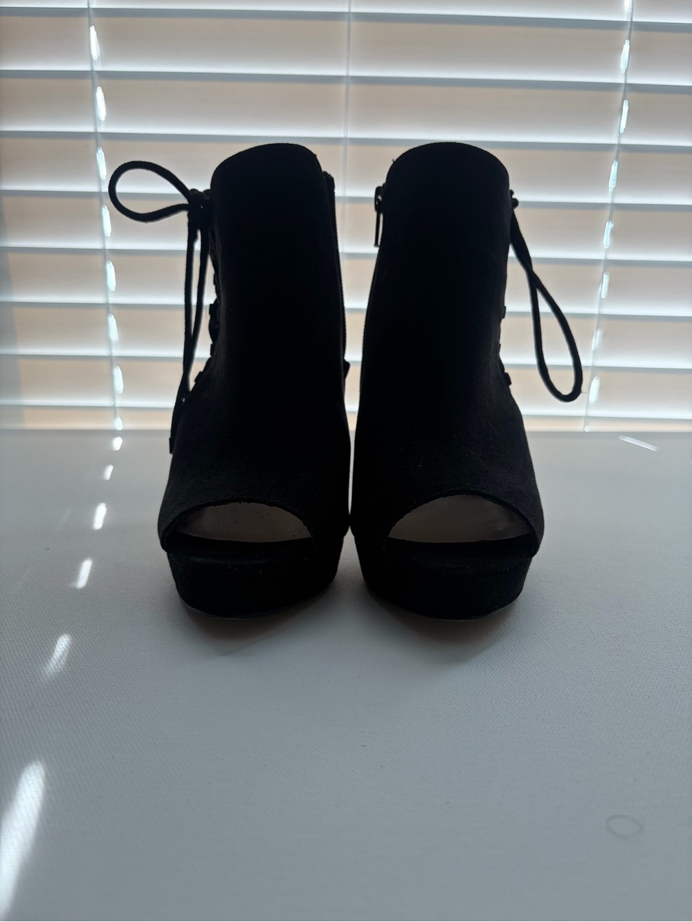 ALDO Black Suede Peep Toe Lace Up Heeled Booties